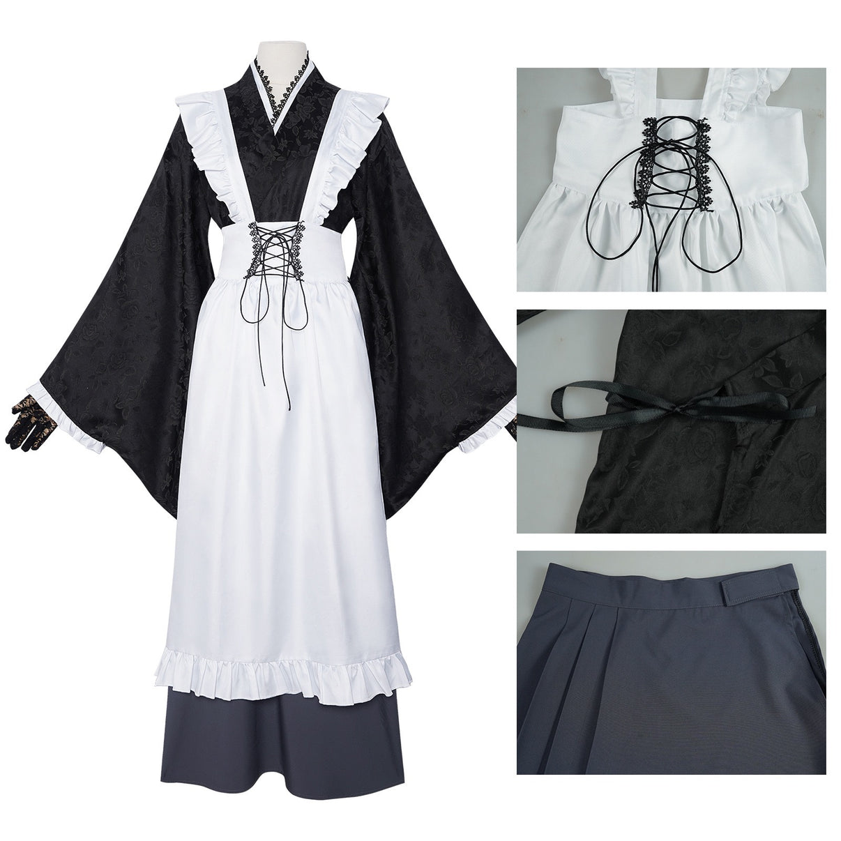 anime shizuku cosplay apron lace-up corset black rose jacquard kimono gray long skirt waist detail close up