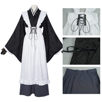 anime shizuku cosplay apron lace-up corset black rose jacquard kimono gray long skirt waist detail close up