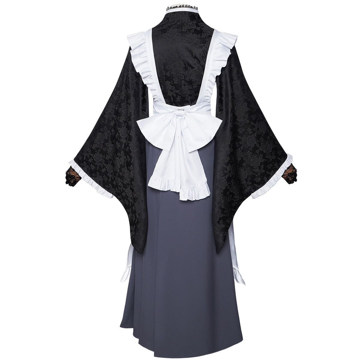 my dress-up darling black floral jacquard kimono cross back frilled apron large white waist bow long gray skirt