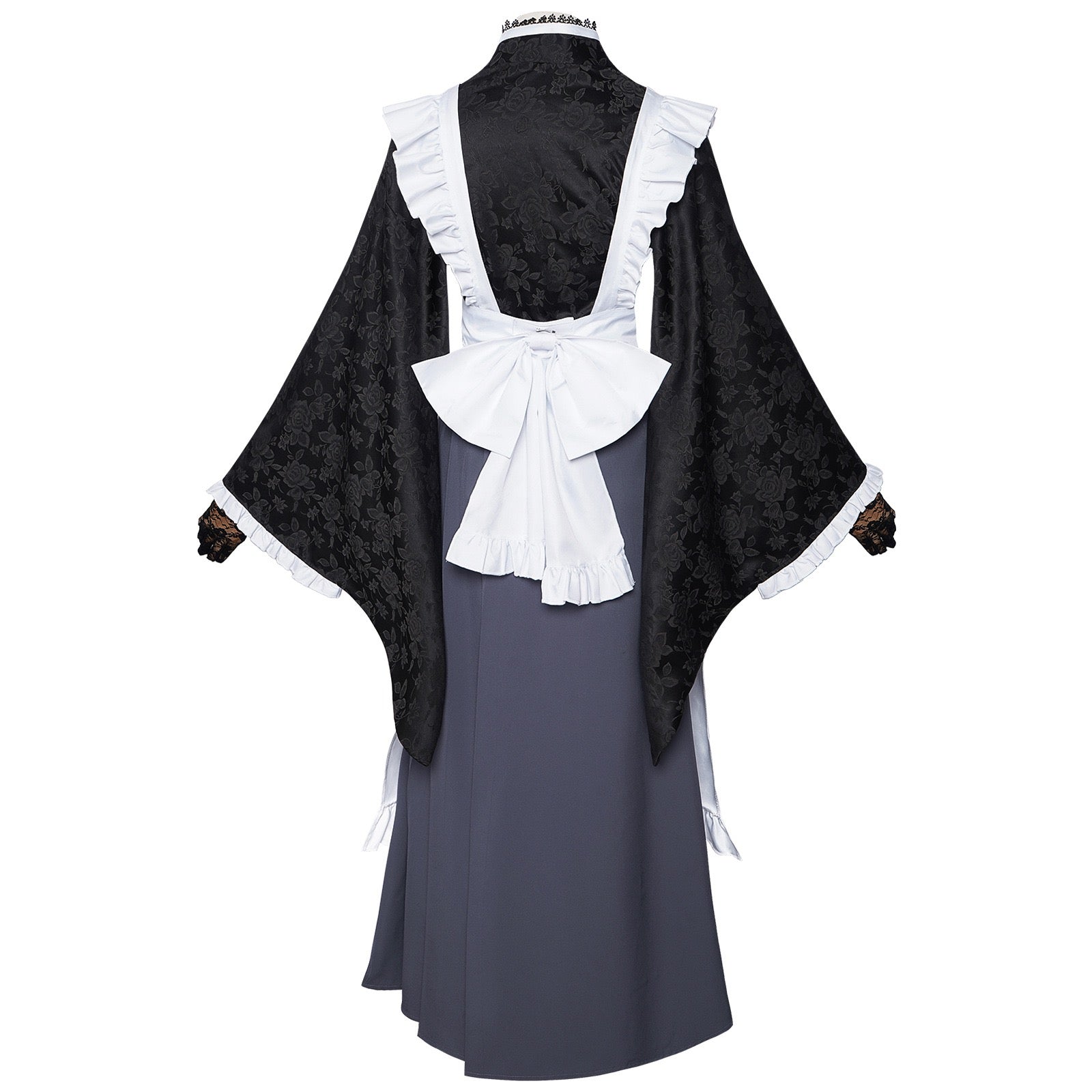 my dress-up darling black floral jacquard kimono cross back frilled apron large white waist bow long gray skirt