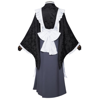 my dress-up darling black floral jacquard kimono cross back frilled apron large white waist bow long gray skirt