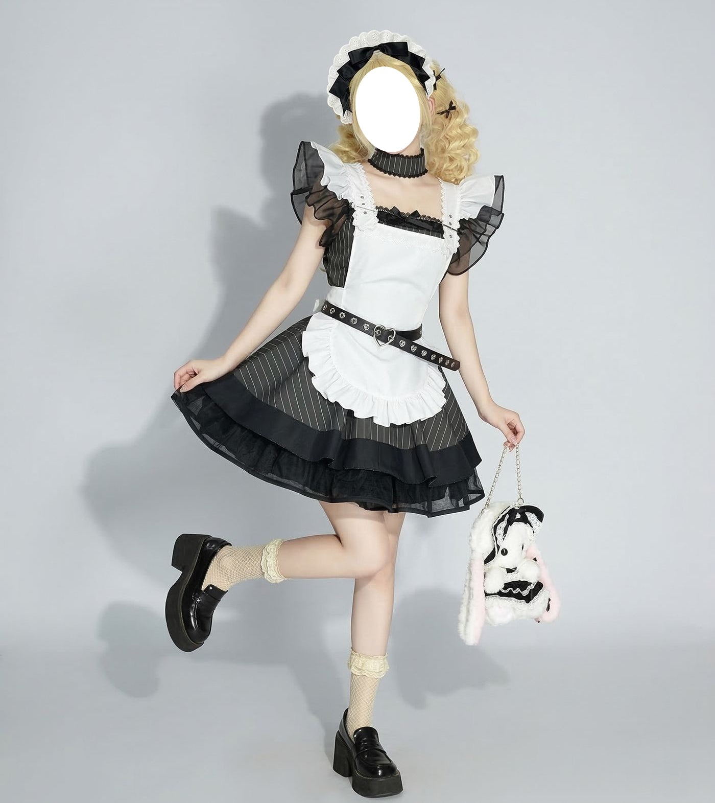 female model striped maid cos dress heart buckle belt lace headwear bunny bag halloween party costume