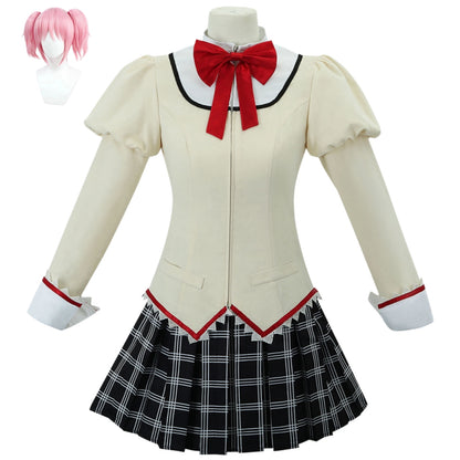 full madoka kaname uniform set with pink twin tail wig