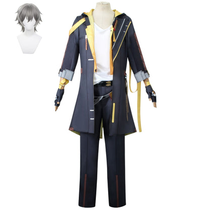 hsr male trailblazer cosplay costume set paired with short grey character wig front display
