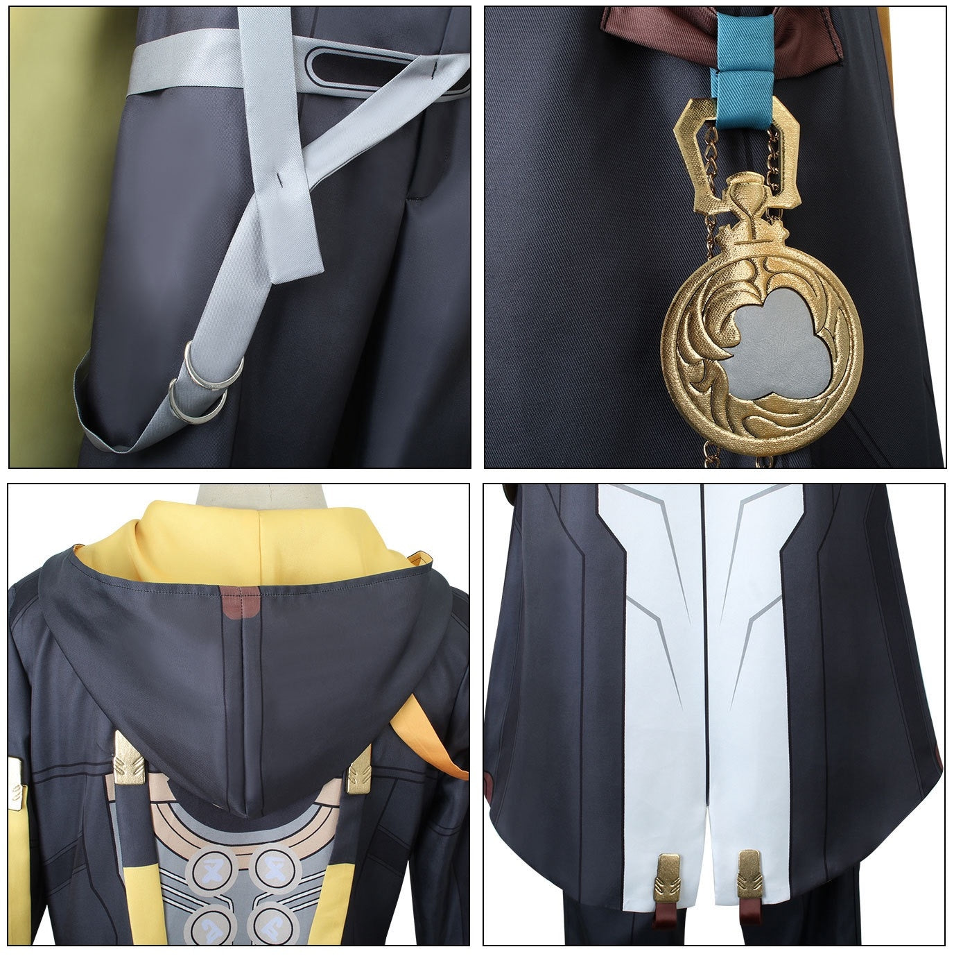 hsr male trailblazer cosplay trousers harness big gold pocket watch ornament hooded coat back mechanical pattern hem metal buckle shot