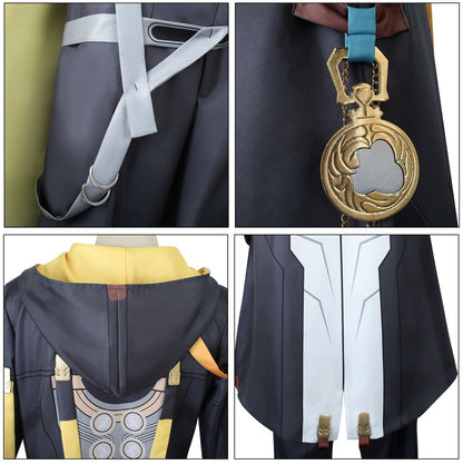 hsr male trailblazer cosplay trousers harness big gold pocket watch ornament hooded coat back mechanical pattern hem metal buckle shot