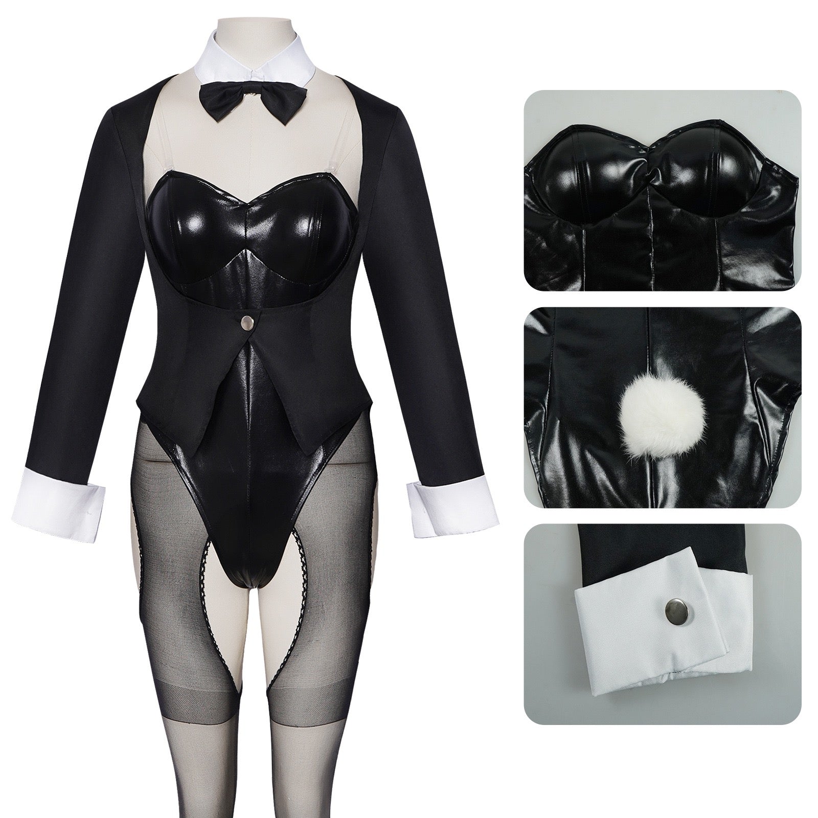 kitagawa marin bunny suit patent leather bodysuit fluffy bunny tail coat cuff button close up
