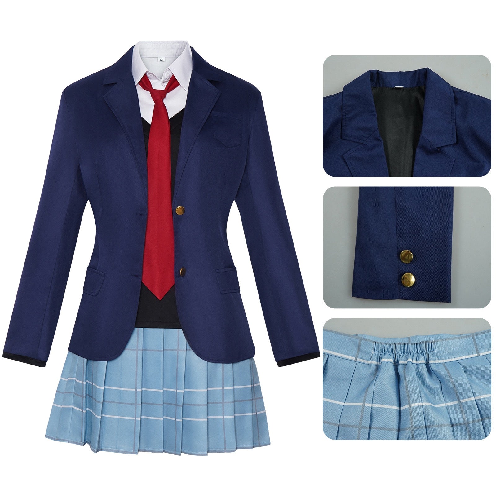 kitagawa marin cosplay blazer collar cuff gold button plaid skirt elastic waist close up
