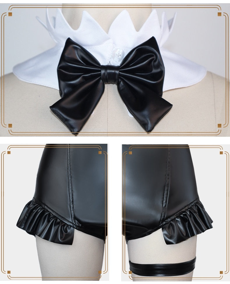 rem re zero bunny maid cos accessory close up black pu bow collar ruffle hem bodysuit thigh garter strap