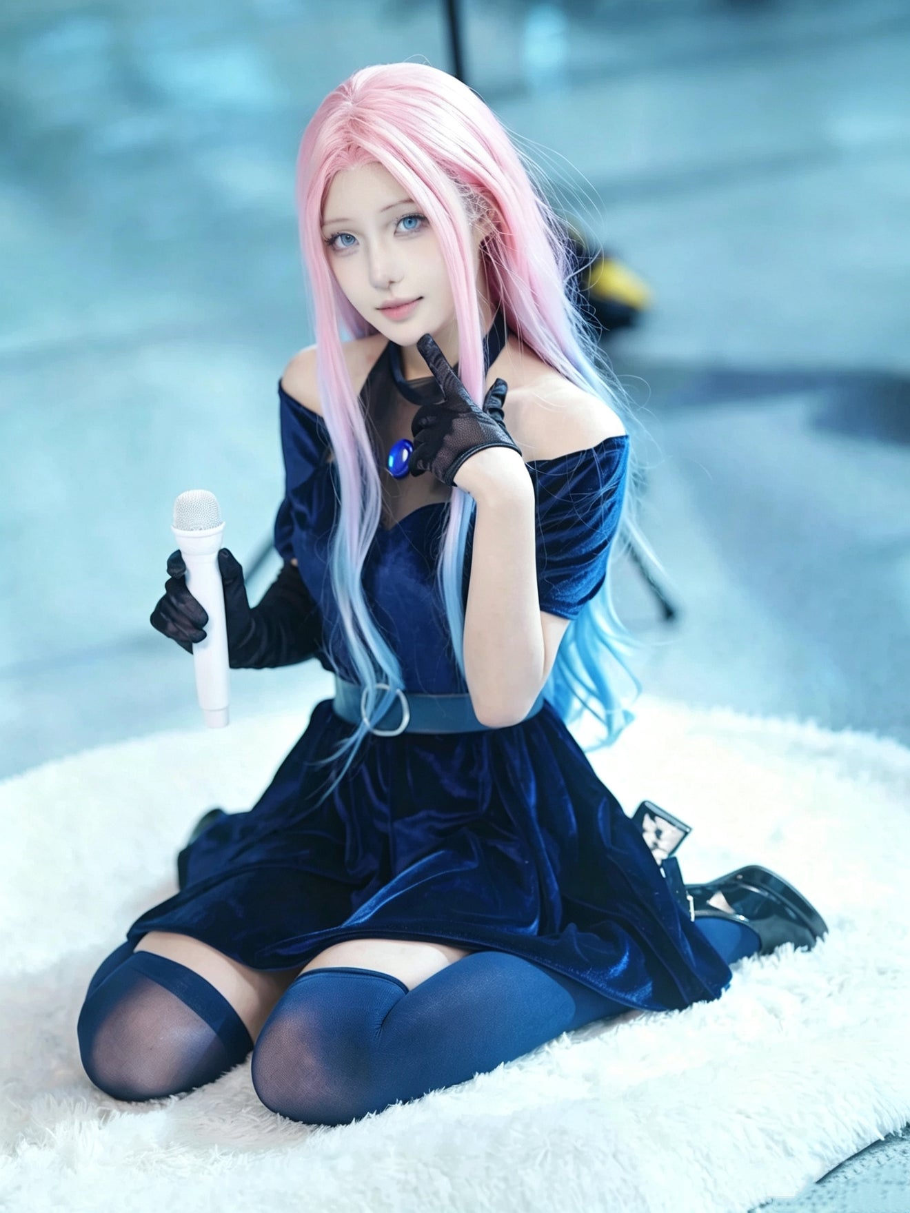 mizi alien stage cosplay blue velvet off shoulder dress