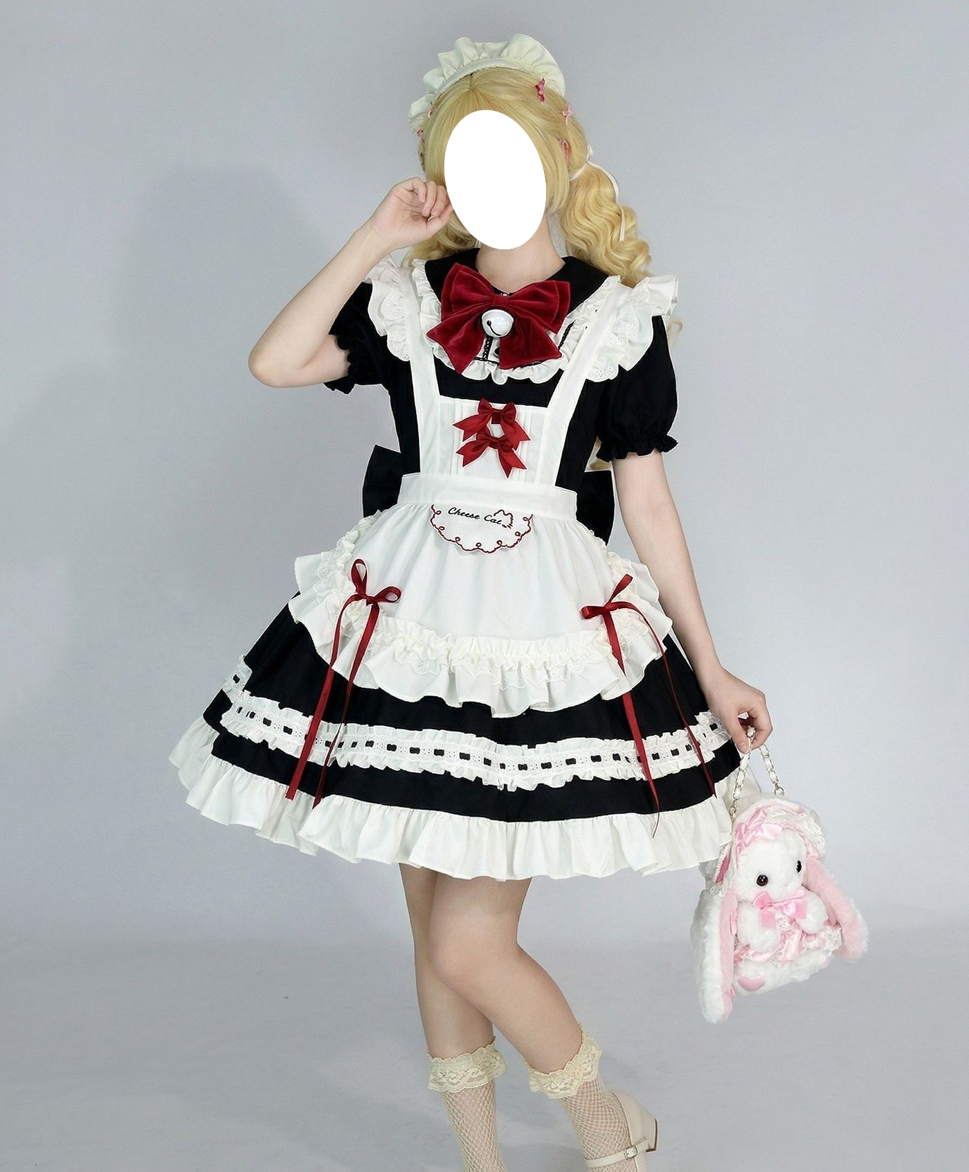 model wearing frilled maid outfit holding themed bunny plush