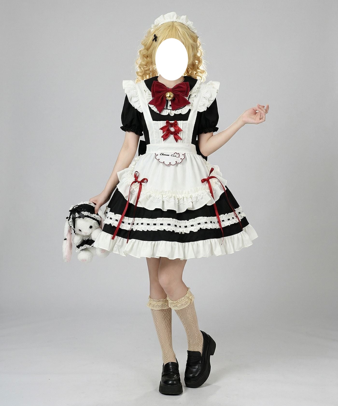 female model wearing bell bow maid dress holding plush bunny bag
