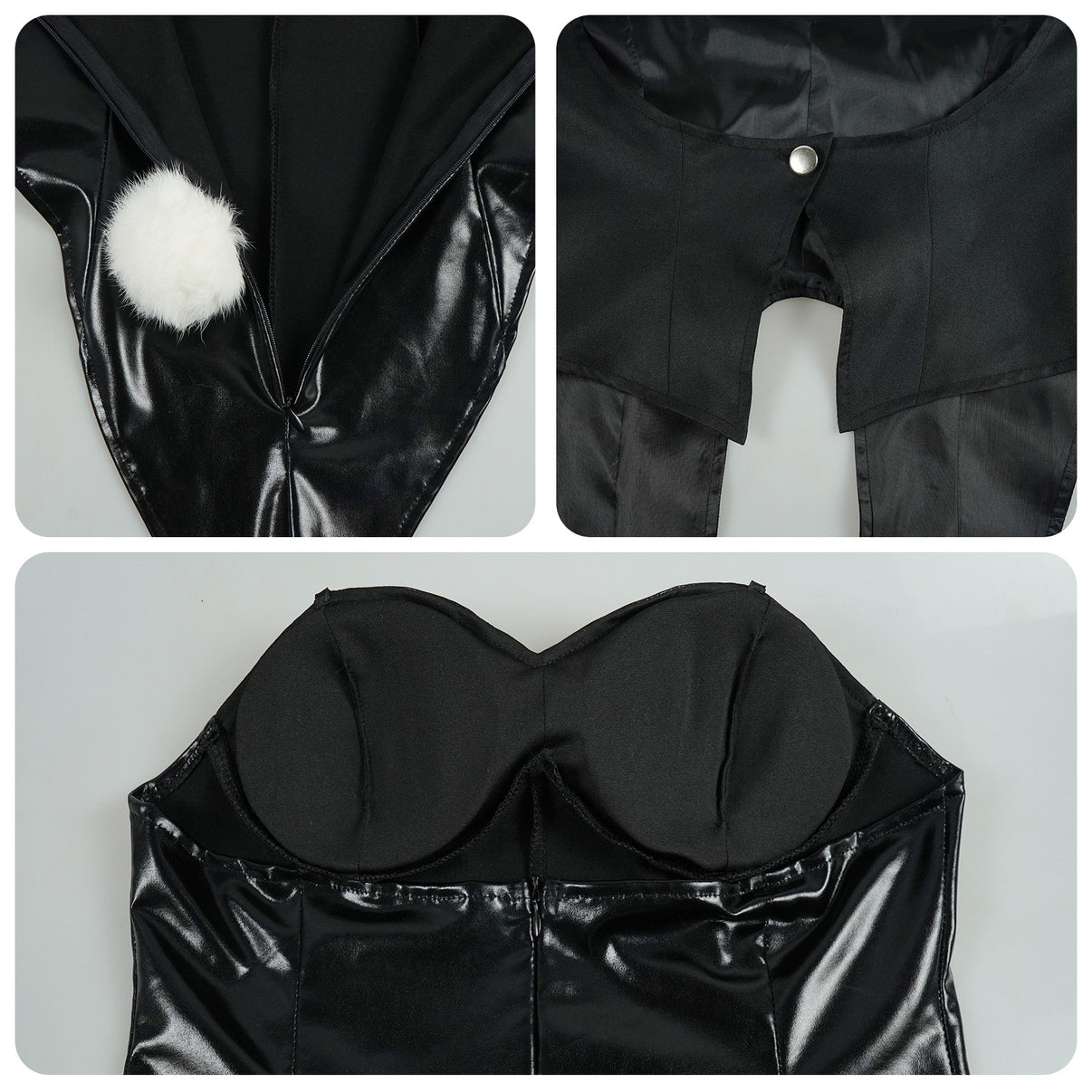 anime marin black bunny girl costume pom pom tail coat inner lining padded leather bodysuit close up