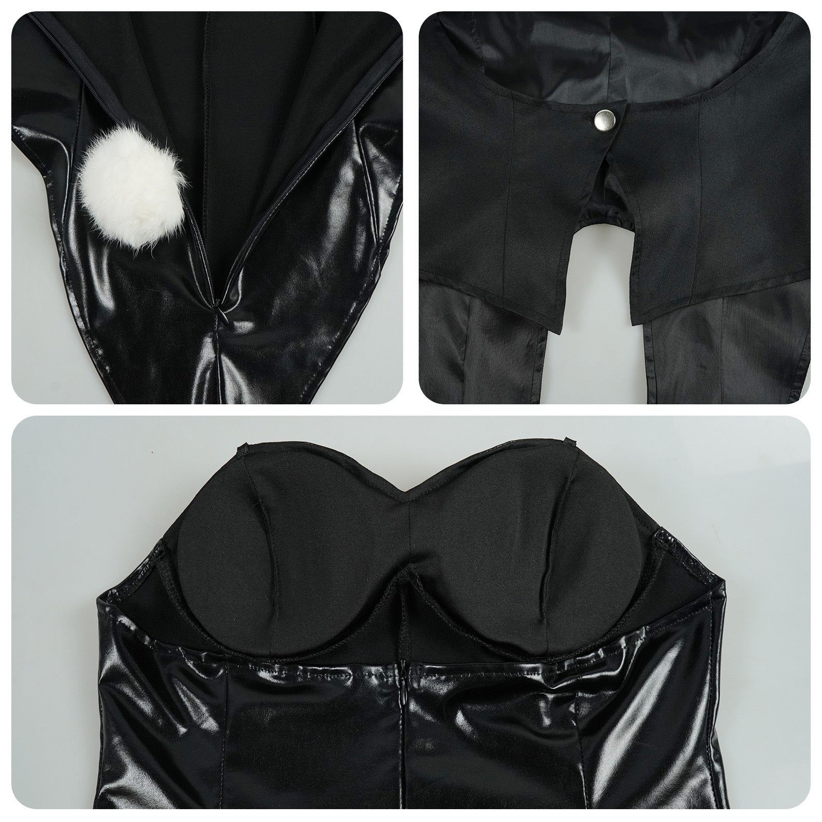 anime marin black bunny girl costume pom pom tail coat inner lining padded leather bodysuit close up