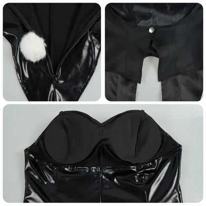 anime marin black bunny girl costume pom pom tail coat inner lining padded leather bodysuit close up