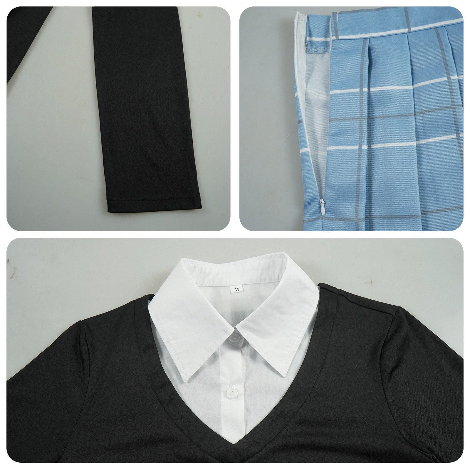 marin school uniform inner shirt black sleeve plaid skirt zipper elastic waist close up