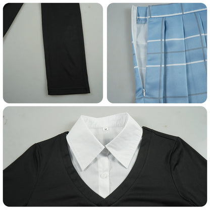 marin school uniform inner shirt black sleeve plaid skirt zipper elastic waist close up