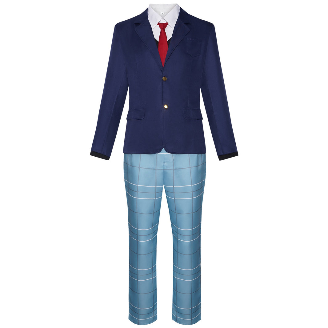 anime wakana cosplay navy blazer white shirt red tie light blue plaid long trousers complete outfit