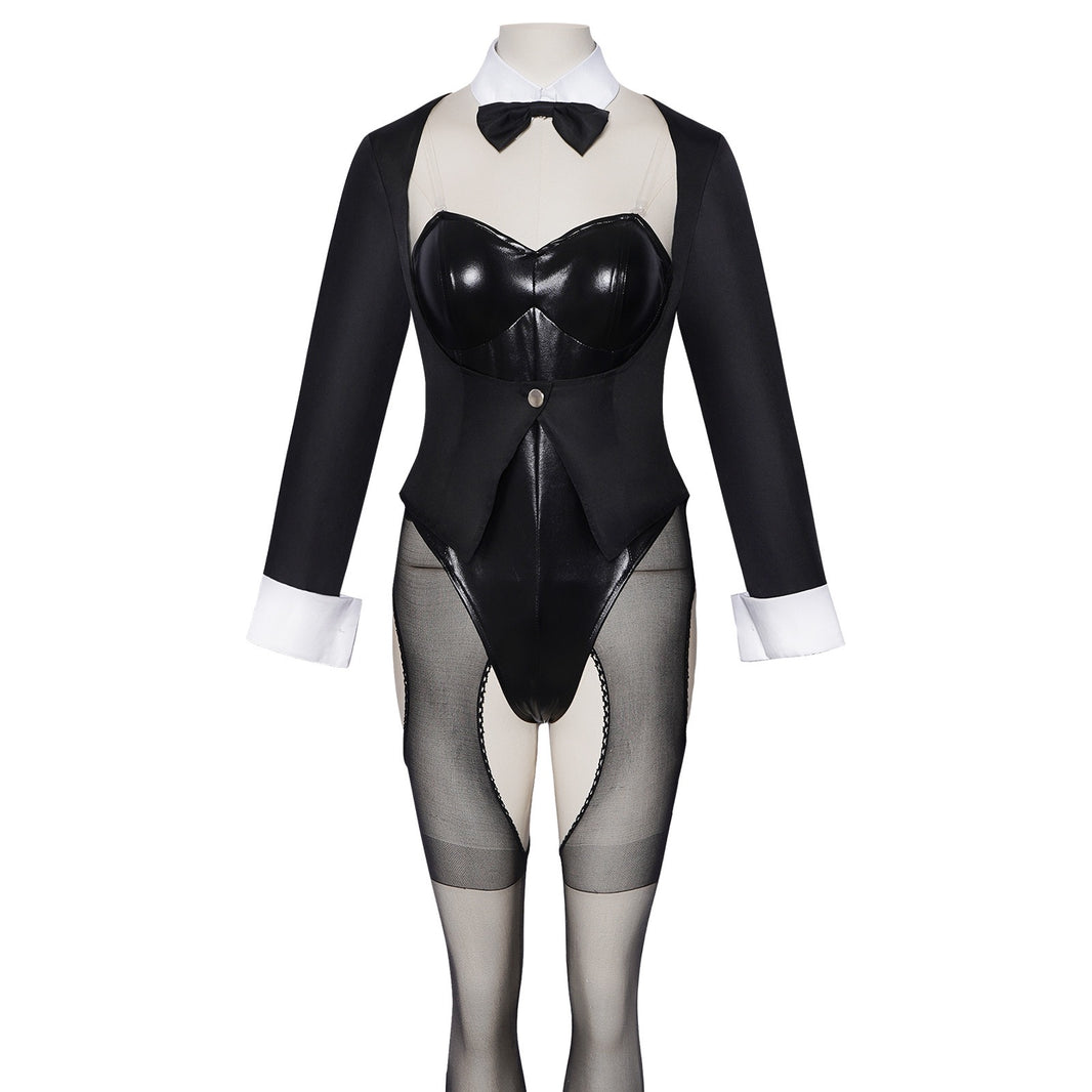 anime marin cosplay bunny suit black tuxedo coat patent leather bodysuit sheer cutout stockings