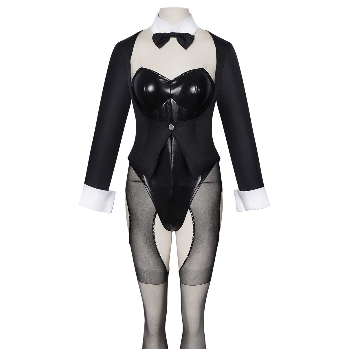 anime marin cosplay bunny suit black tuxedo coat patent leather bodysuit sheer cutout stockings