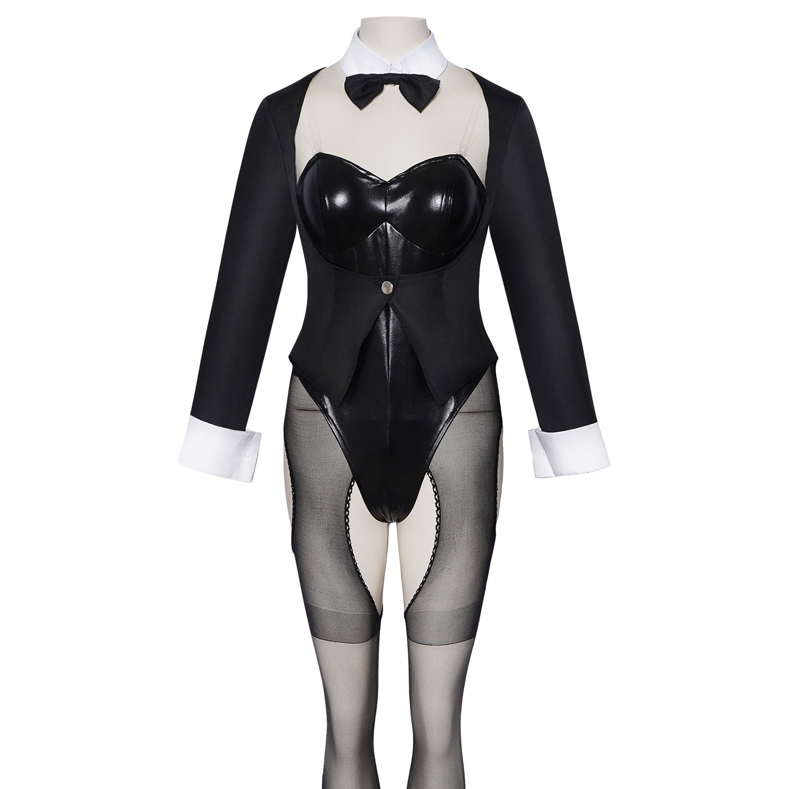 anime marin cosplay bunny suit black tuxedo coat patent leather bodysuit sheer cutout stockings