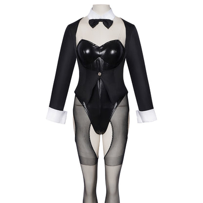 anime marin cosplay bunny suit black tuxedo coat patent leather bodysuit sheer cutout stockings