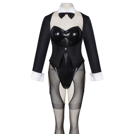 anime marin cosplay bunny suit black tuxedo coat patent leather bodysuit sheer cutout stockings