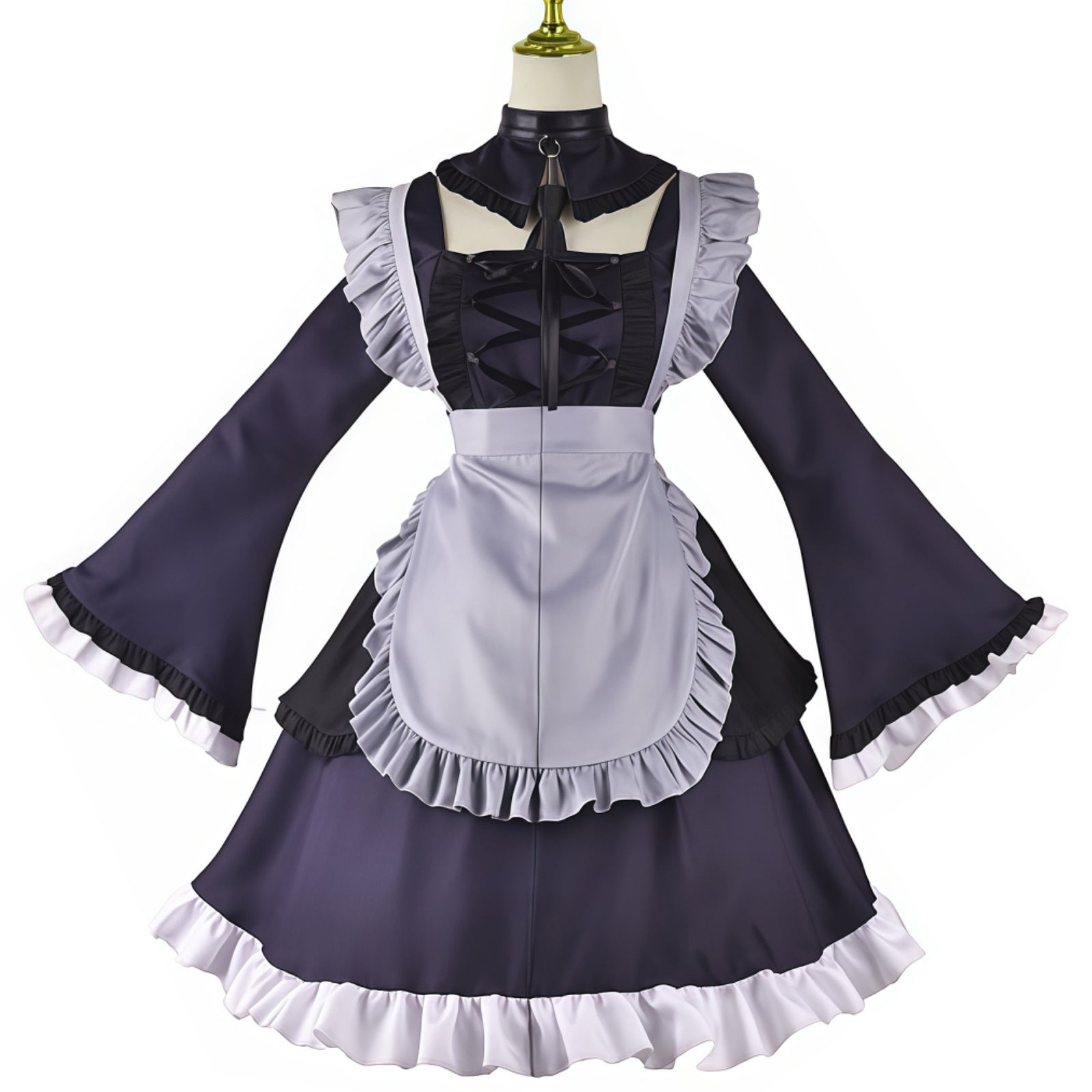 anime shizuku kuroe cosplay maid uniform dark purple bell sleeve gray frilled apron gothic lolita outfit