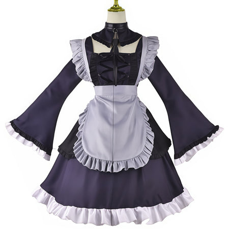 anime shizuku kuroe cosplay maid uniform dark purple bell sleeve gray frilled apron gothic lolita outfit