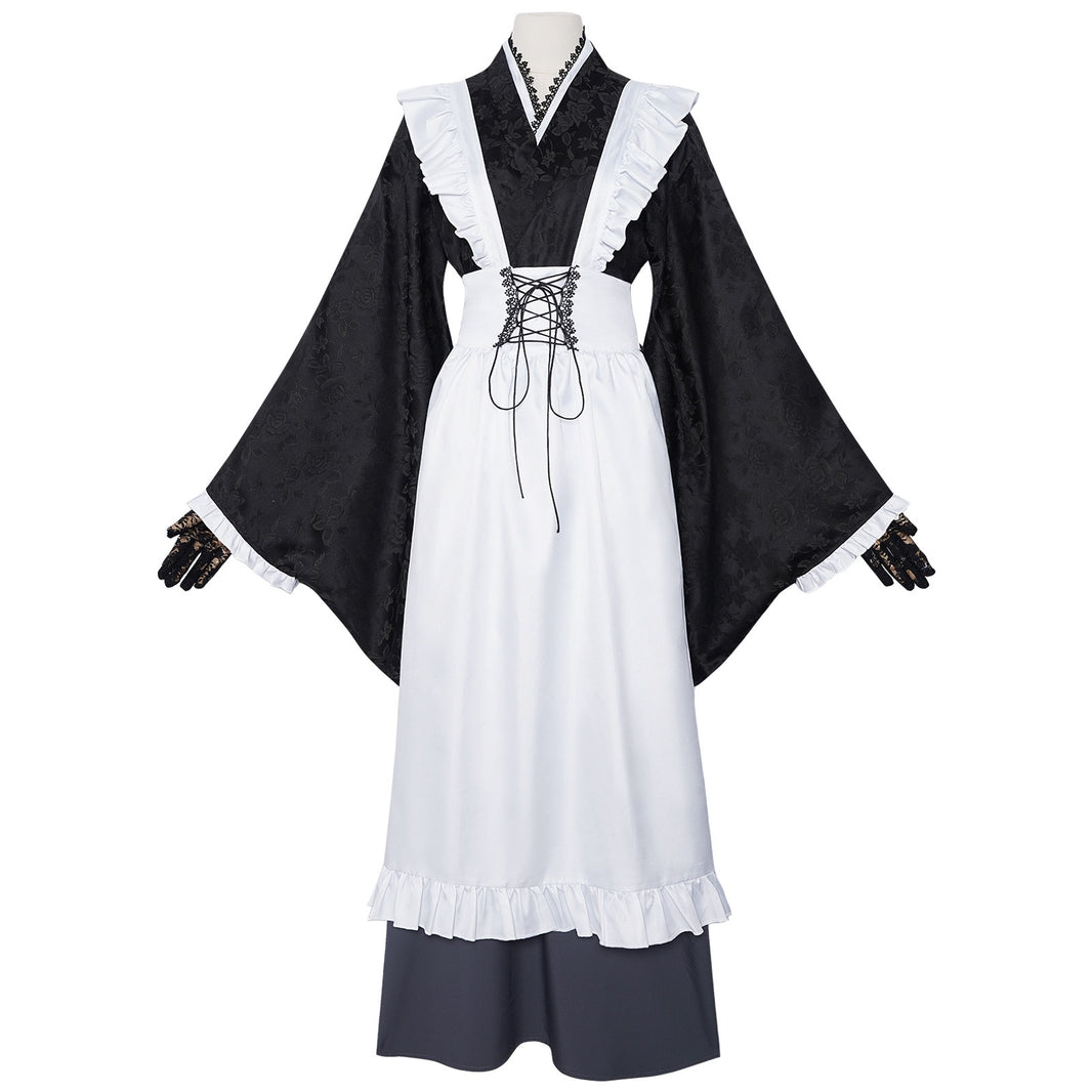anime shizuku kuroe cosplay black jacquard wide sleeve kimono white frilled apron long gray skirt lace gloves