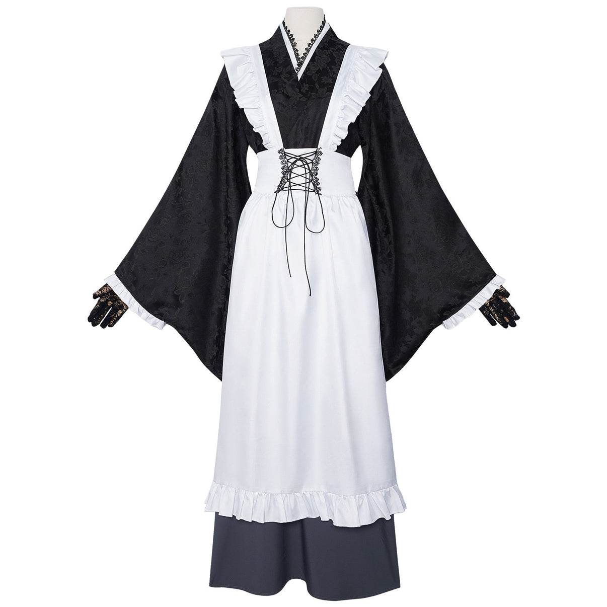 anime shizuku kuroe cosplay black jacquard wide sleeve kimono white frilled apron long gray skirt lace gloves