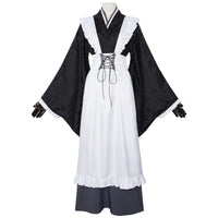 anime shizuku kuroe cosplay black jacquard wide sleeve kimono white frilled apron long gray skirt lace gloves