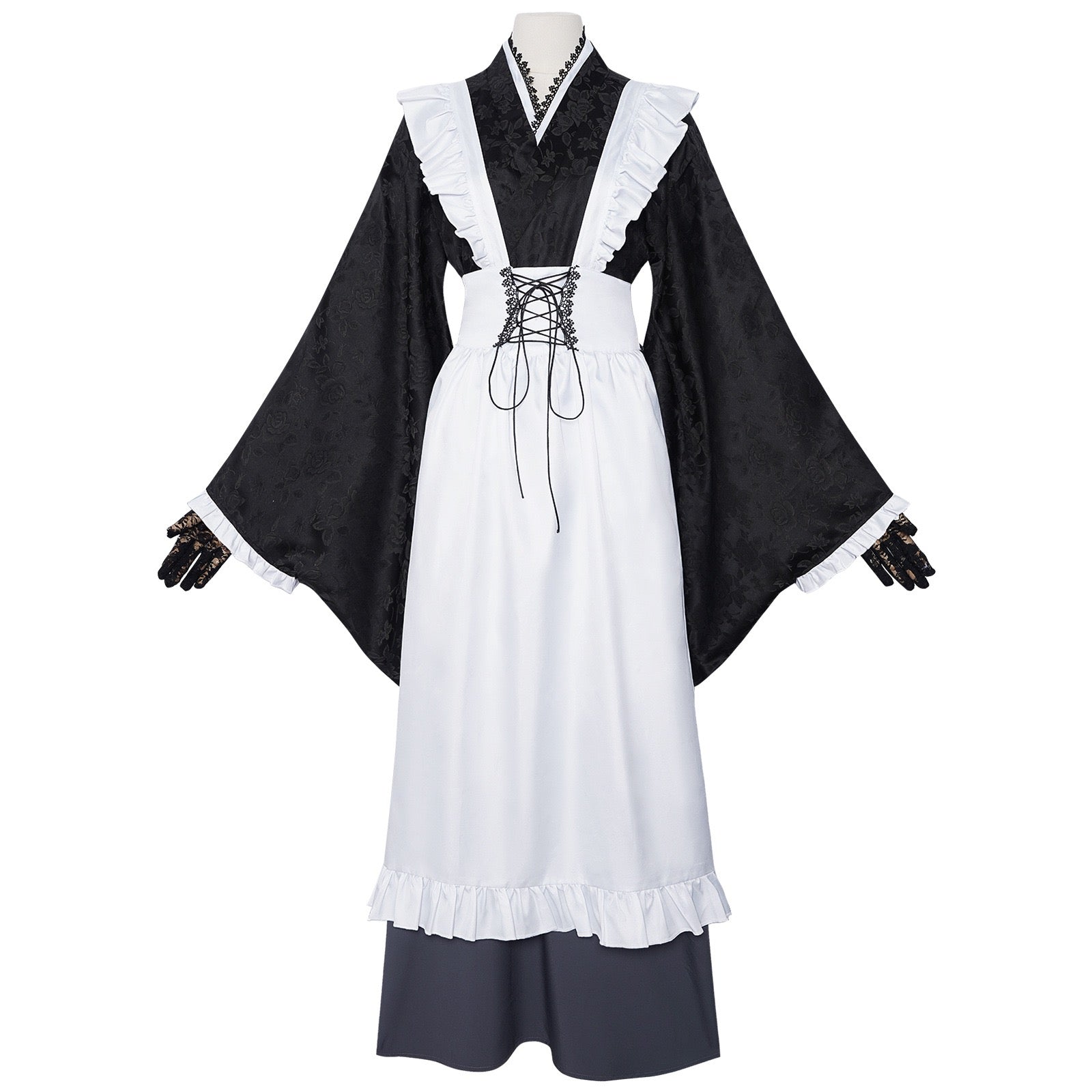 anime shizuku kuroe cosplay black jacquard wide sleeve kimono white frilled apron long gray skirt lace gloves