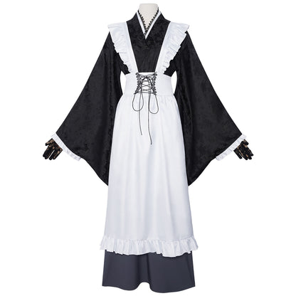 anime shizuku kuroe cosplay black jacquard wide sleeve kimono white frilled apron long gray skirt lace gloves