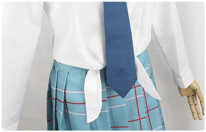 anime kitagawa marin school uniform knotted shirt tie plaid skirt waist shot