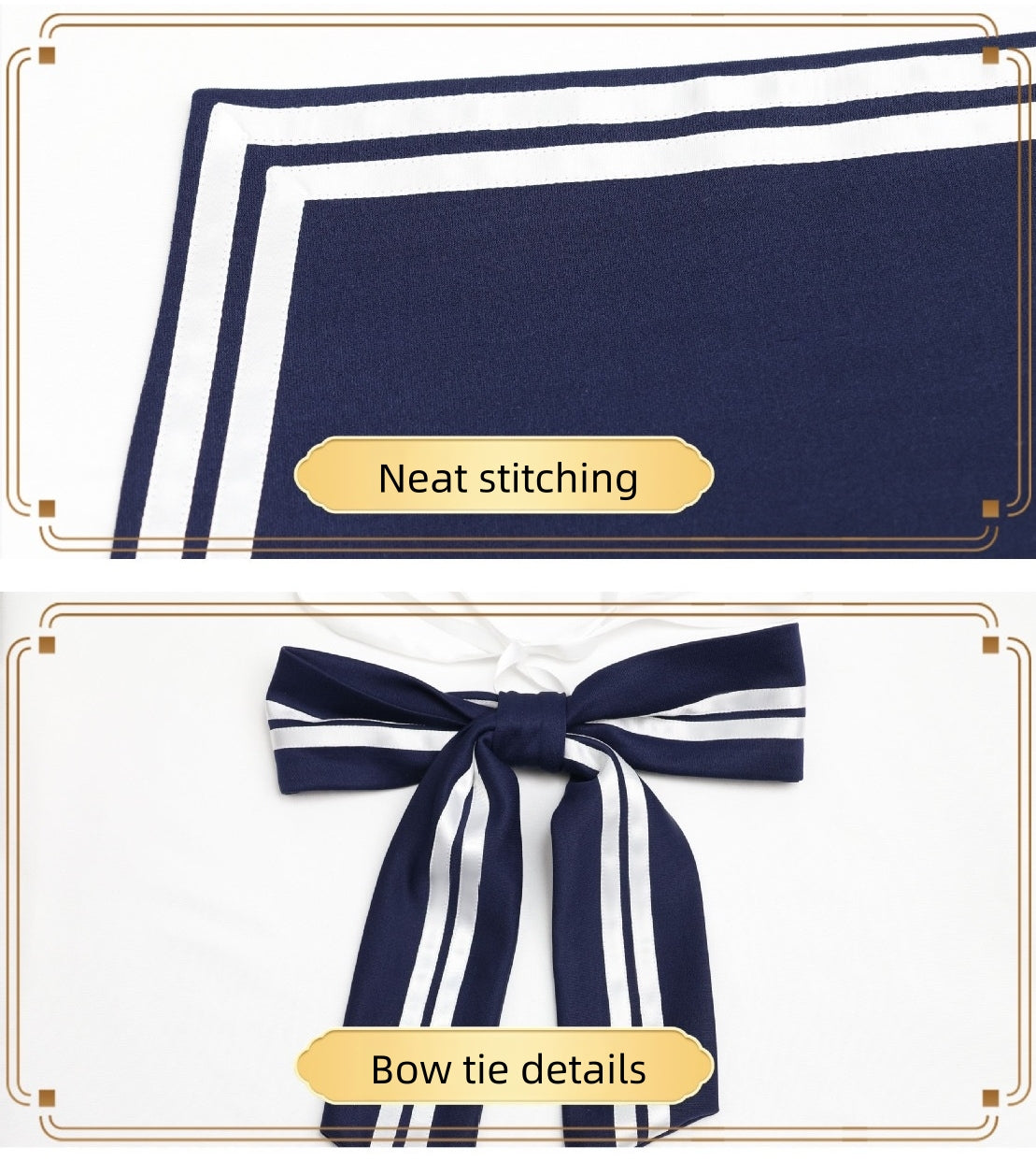 close up tidy stitching navy sailor collar and matching two white stripes big bow tie