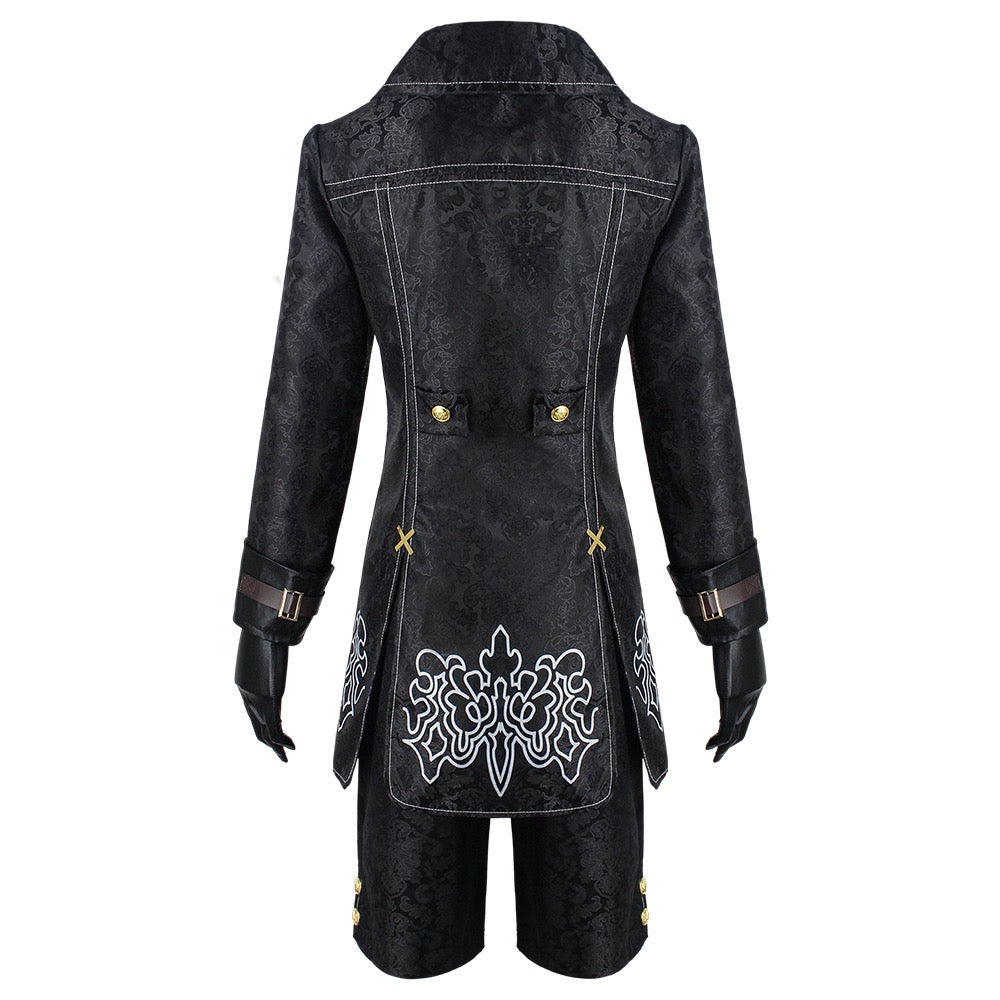 yorha 9s black embroidered jacquard coat rear with buckle cuffs