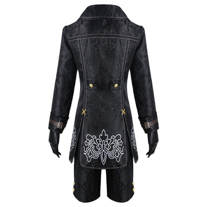 yorha 9s black embroidered jacquard coat rear with buckle cuffs