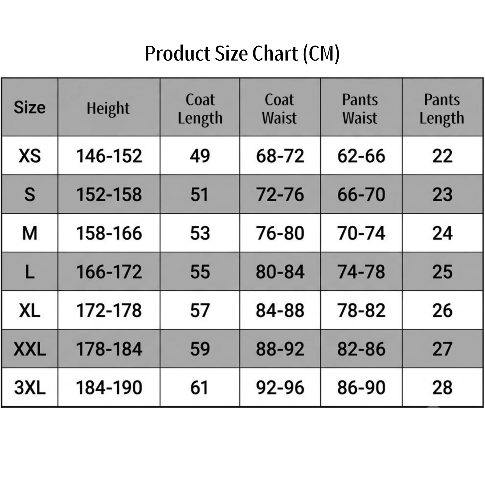 yorha a2 cosplay costume xs-3xl size table
