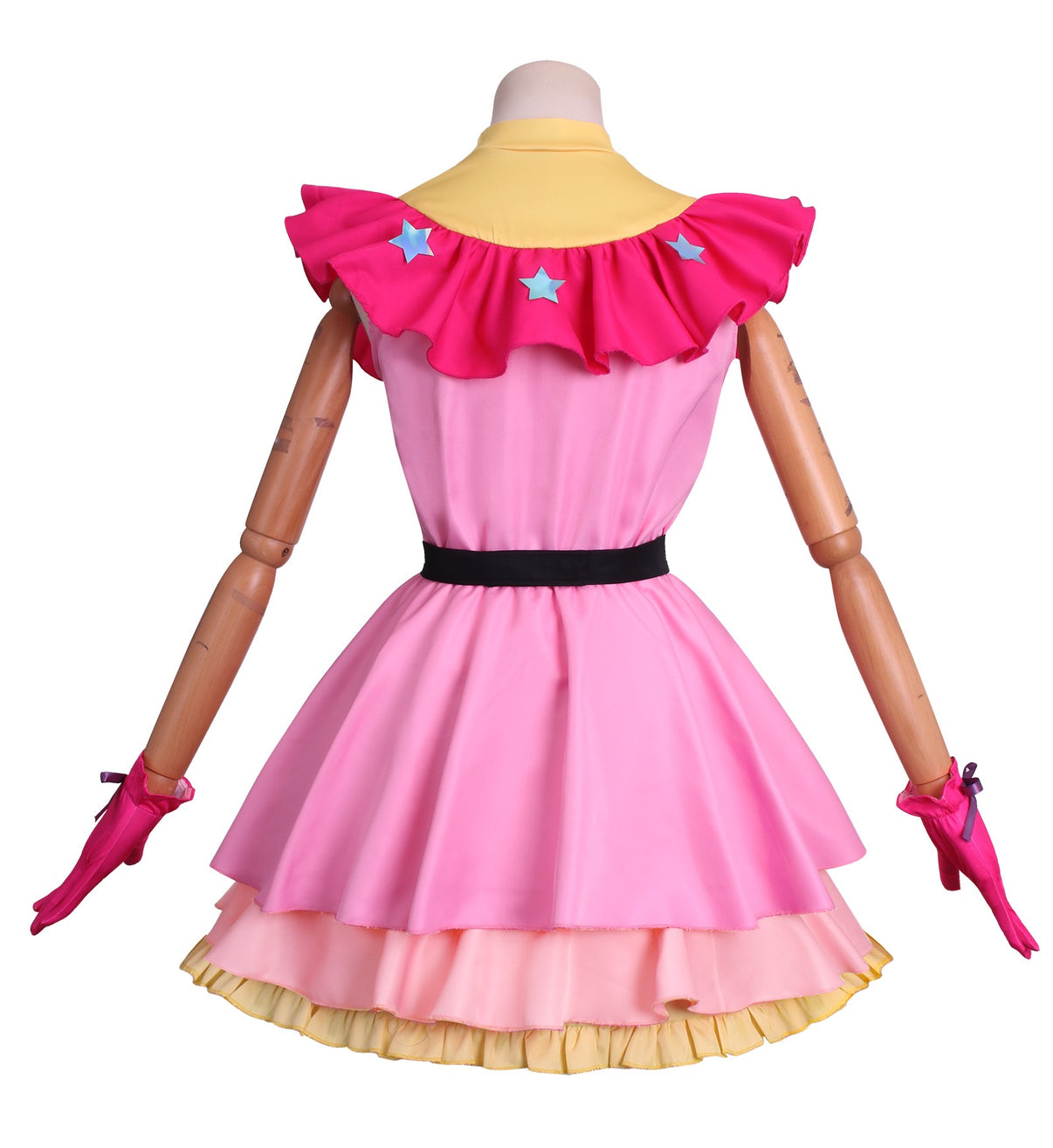 anime hoshino ai cosplay pink satin dress back view ruffle shoulder star decor mannequin