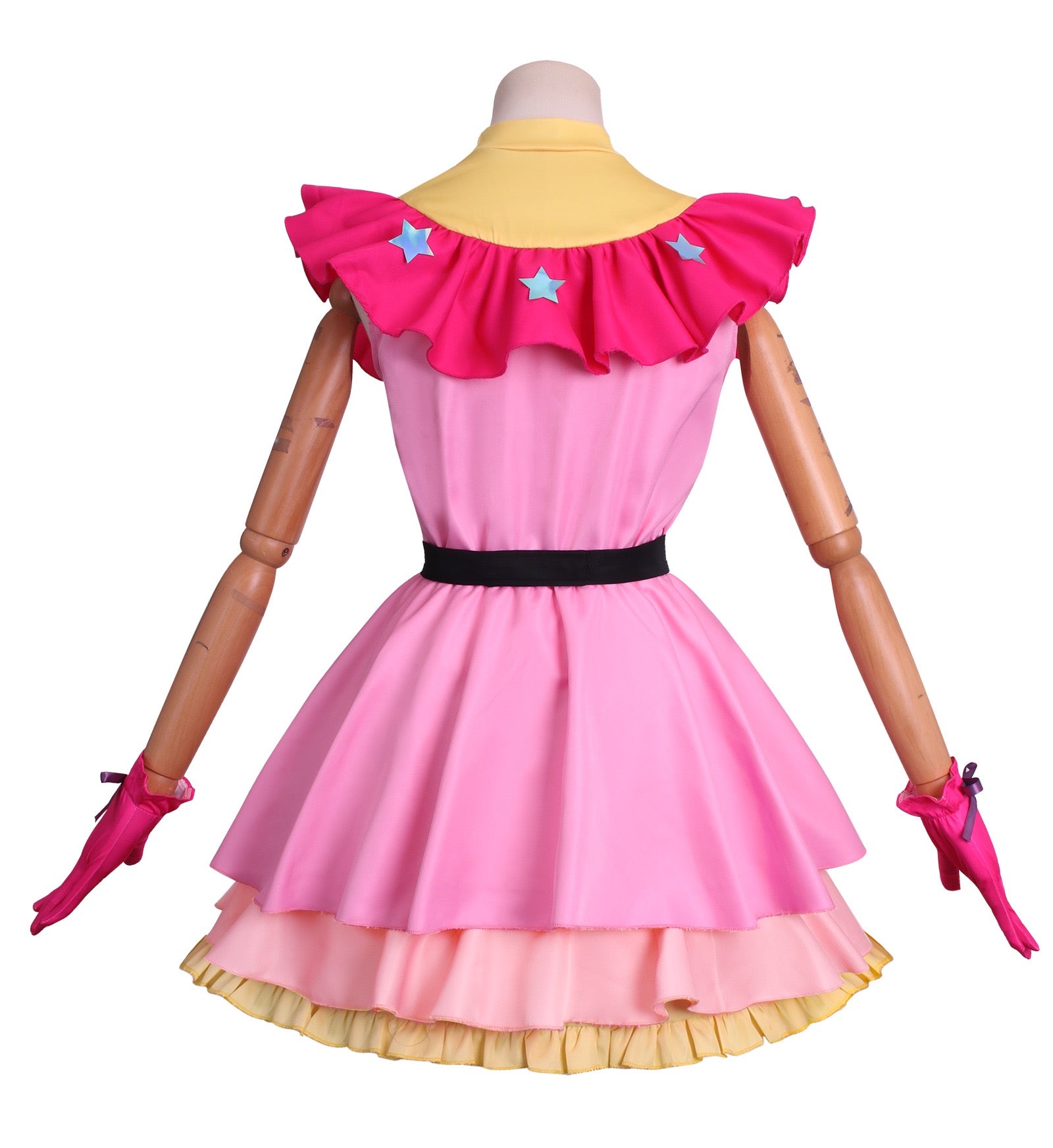 anime hoshino ai cosplay pink satin dress back view ruffle shoulder star decor mannequin
