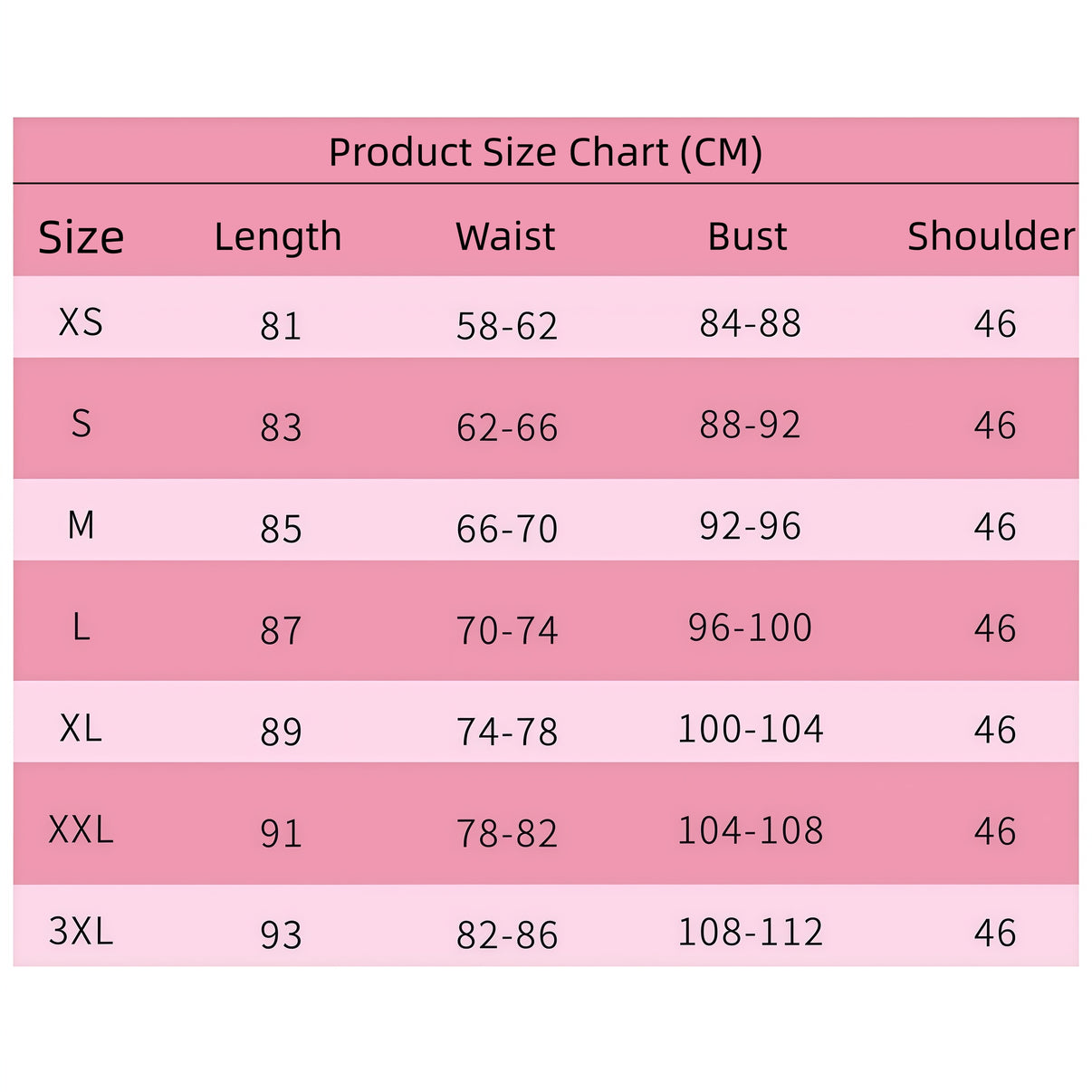 anime hoshino ai cosplay pink dress uniform size measurement chart cm xs to 3xl bust waist length shoulder