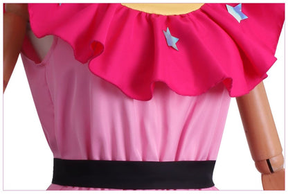 hoshino ai cosplay pink dress bright ruffle shoulder holographic star fabric close shot