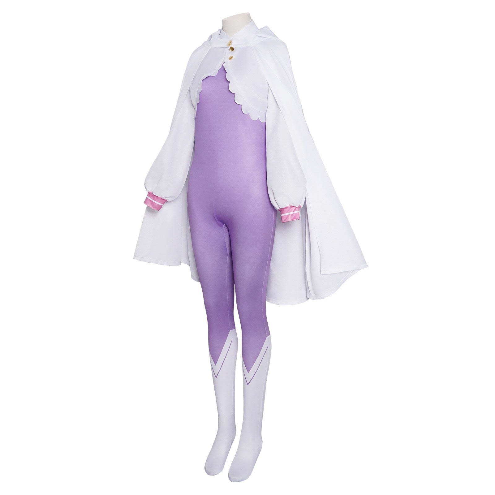 anime re zero emilia cosplay costume purple bodysuit white cape side view
