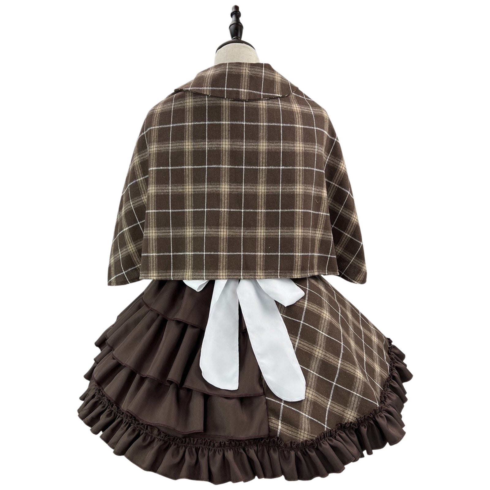 back shot striped plaid maid dress layered ruffle skirt big white back bow kawaii detective cos outfit