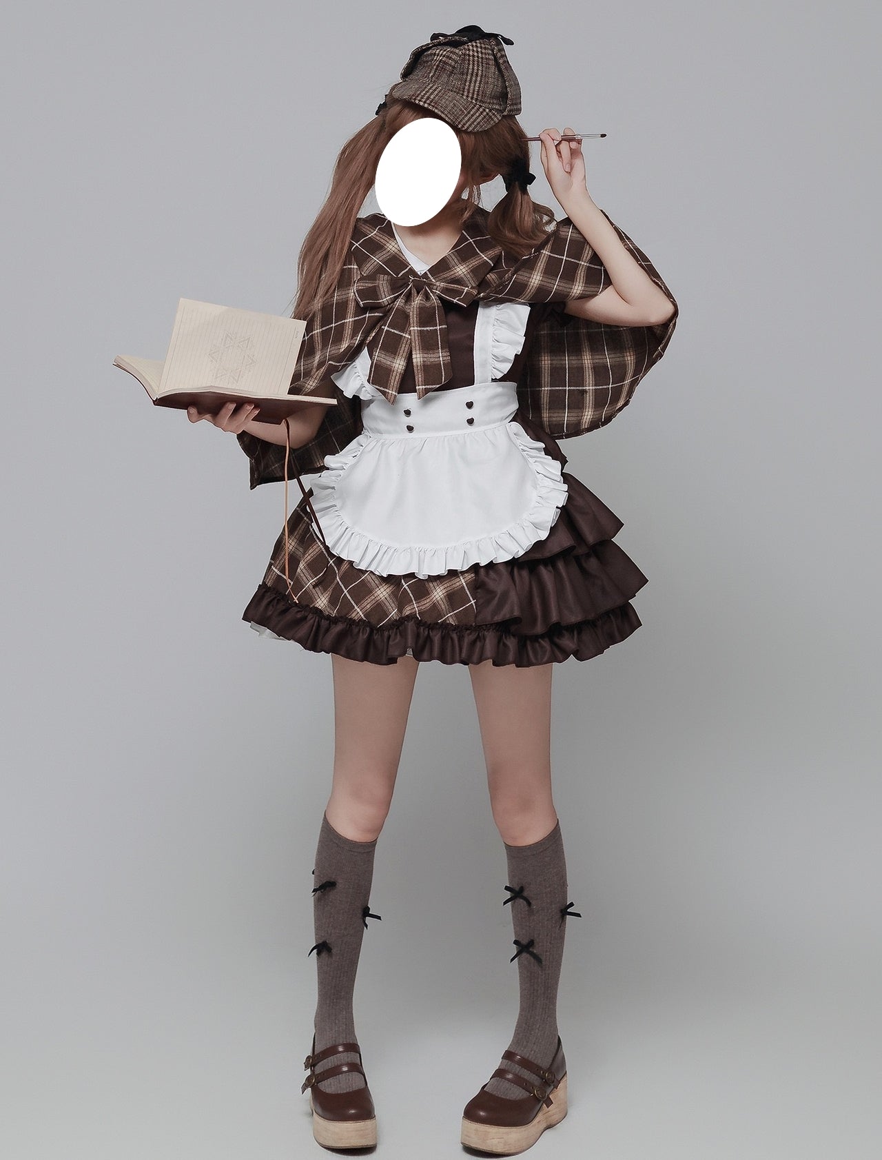female model frill apron maid dress matching plaid cape detective headwear bunny chain bag cos dress