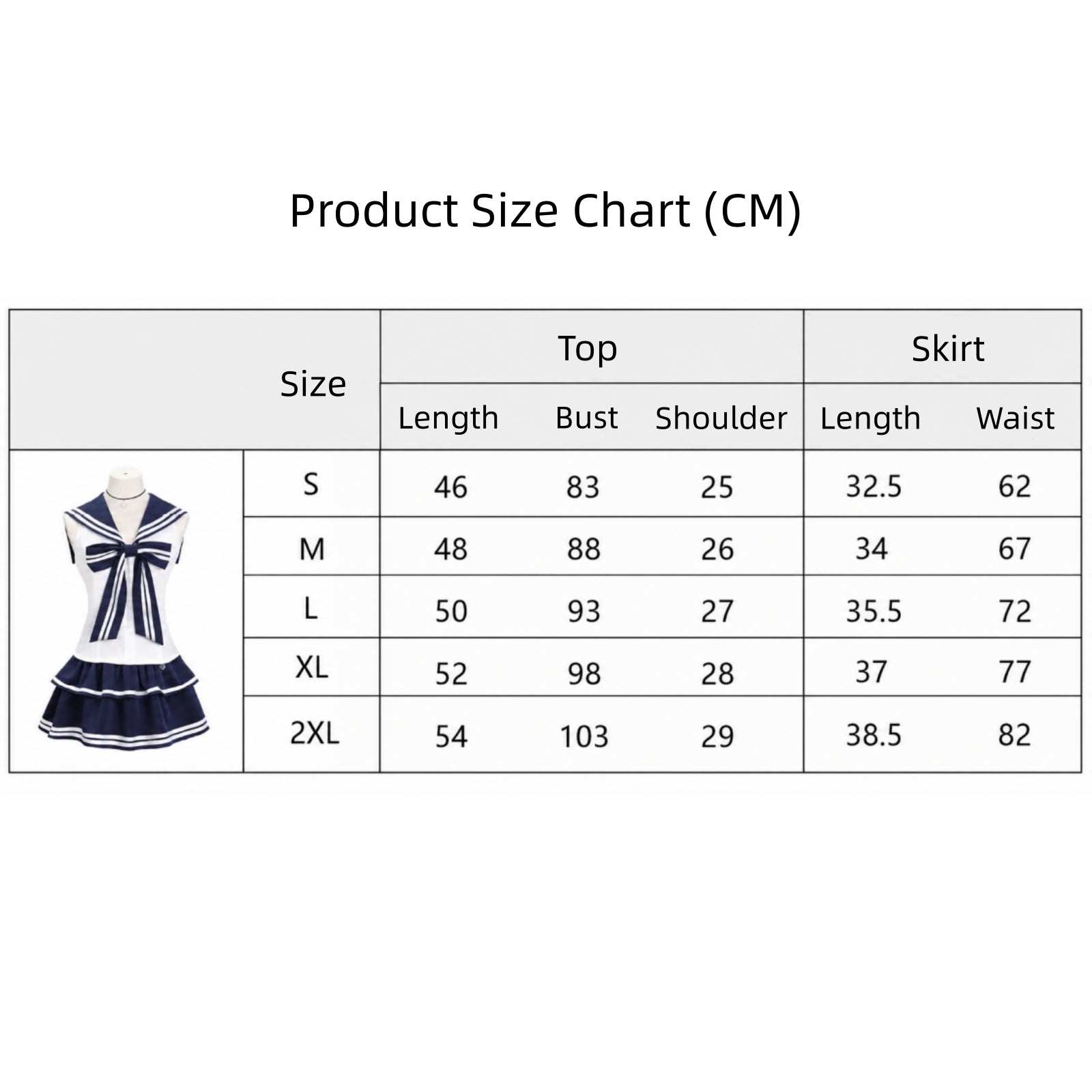 women sleeveless jk sailor costume size chart bust waist length cm s-2xl