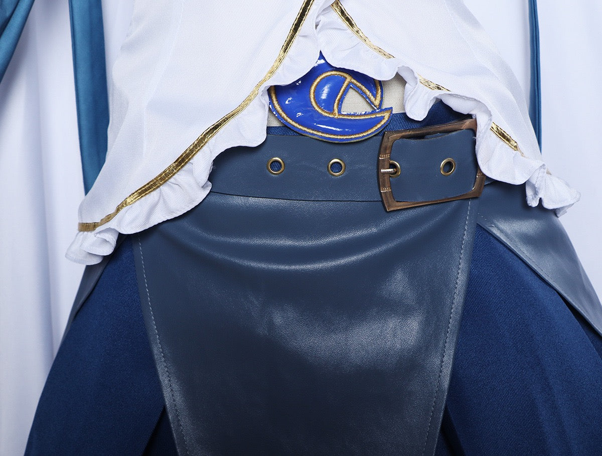 close up sayaka miki blue pu leather belt soul gem crescent emblem gold eyelet buckle madoka magica