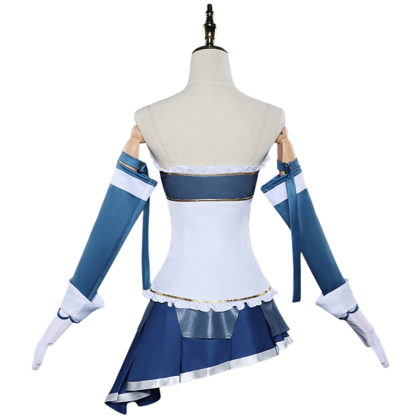 back view sayaka miki blue cosplay dress without shawl sleeves detail madoka magica