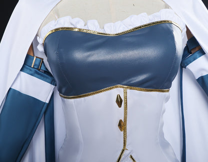 close up sayaka miki blue pu leather bodice white corset gold trim diamond buttons madoka magica cosplay